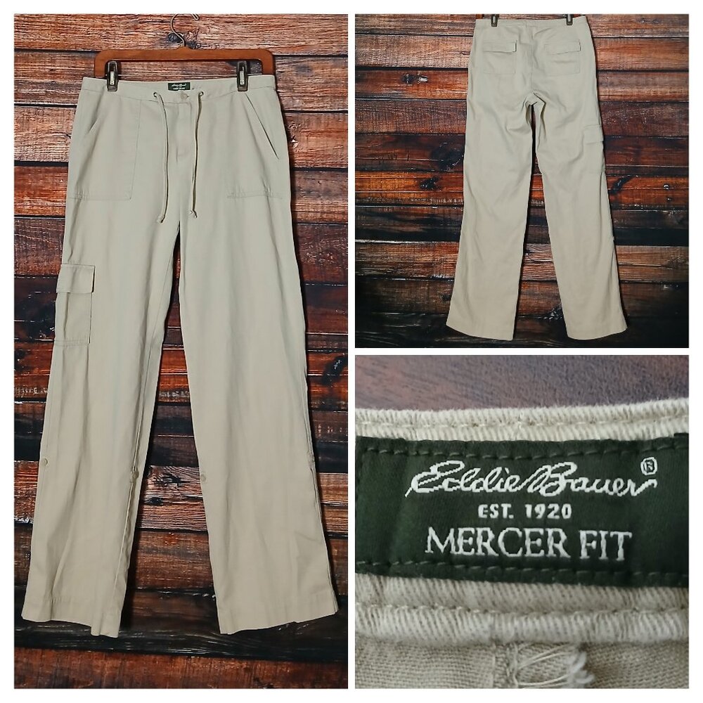 Eddie Bauer Cargo Pants 6 Mercer Fit Wide Leg 100% Cotton Roll Cuffs Khaki Tan